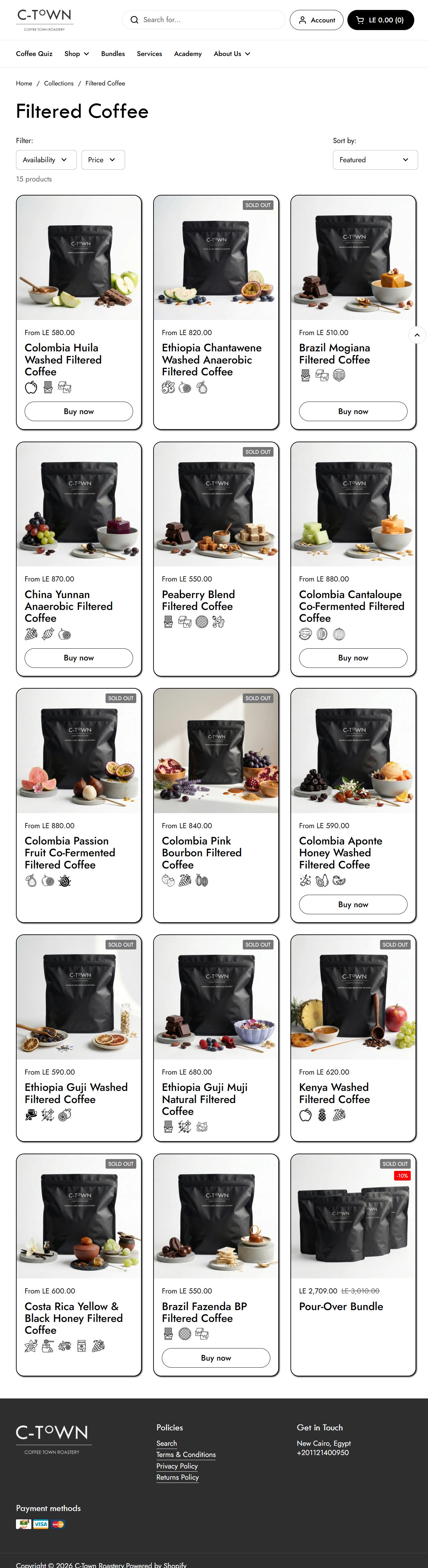C-Town Filtered Coffee collection page with origin grid