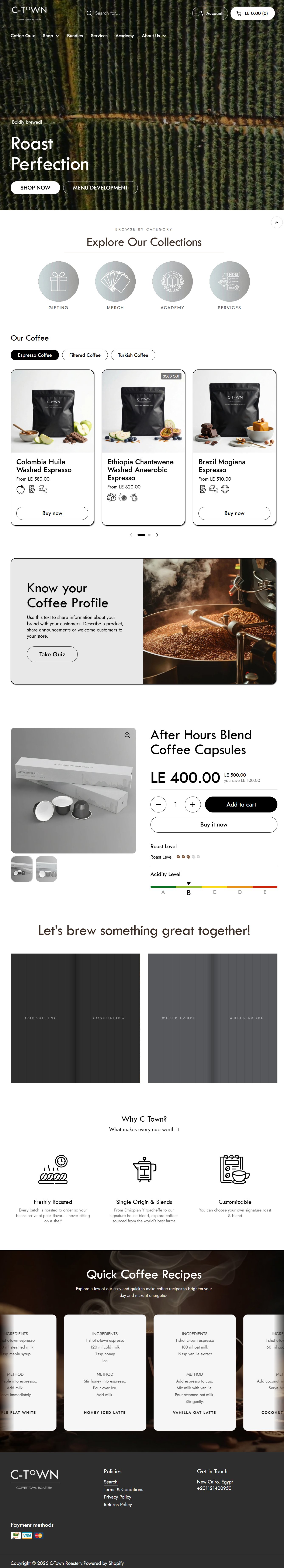 C-Town Roastery homepage with Roast Perfection hero, category browse, and our coffee selector