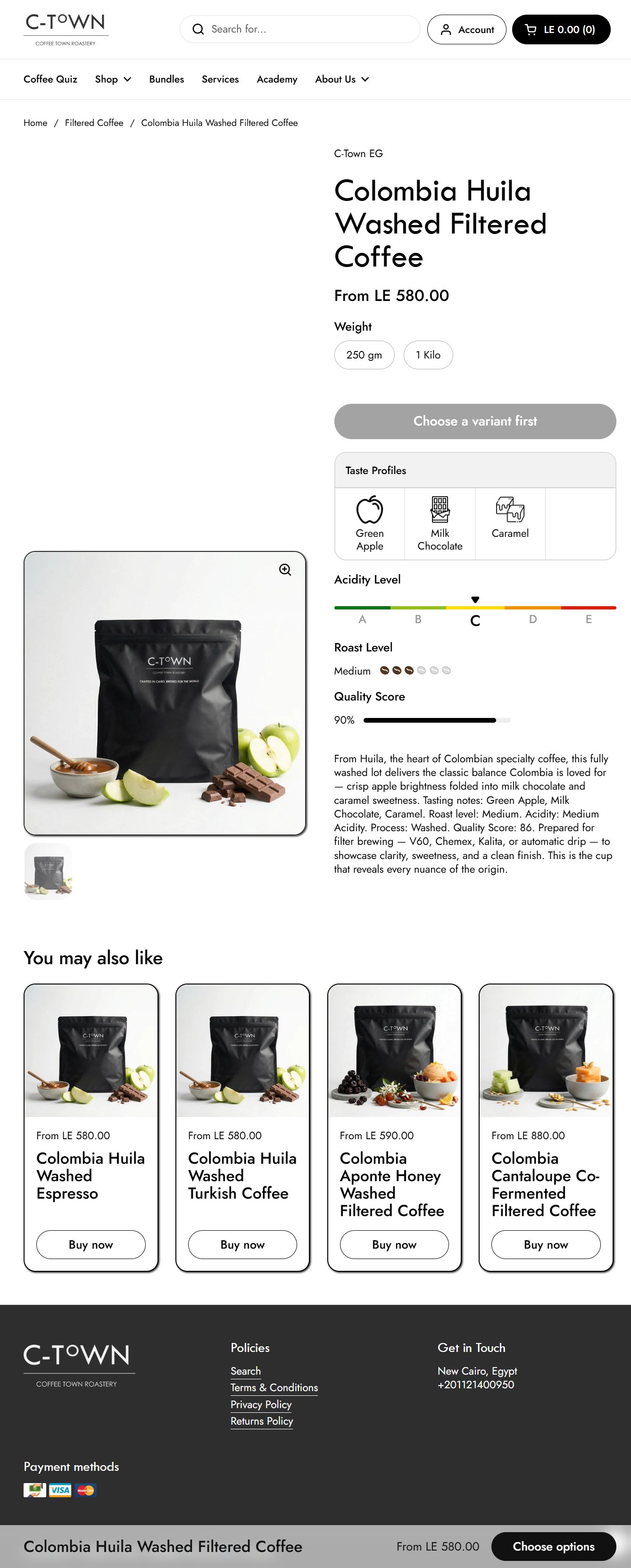 C-Town Colombia Huila Washed Filtered Coffee product page with taste profiles, acidity scale, roast level, quality score