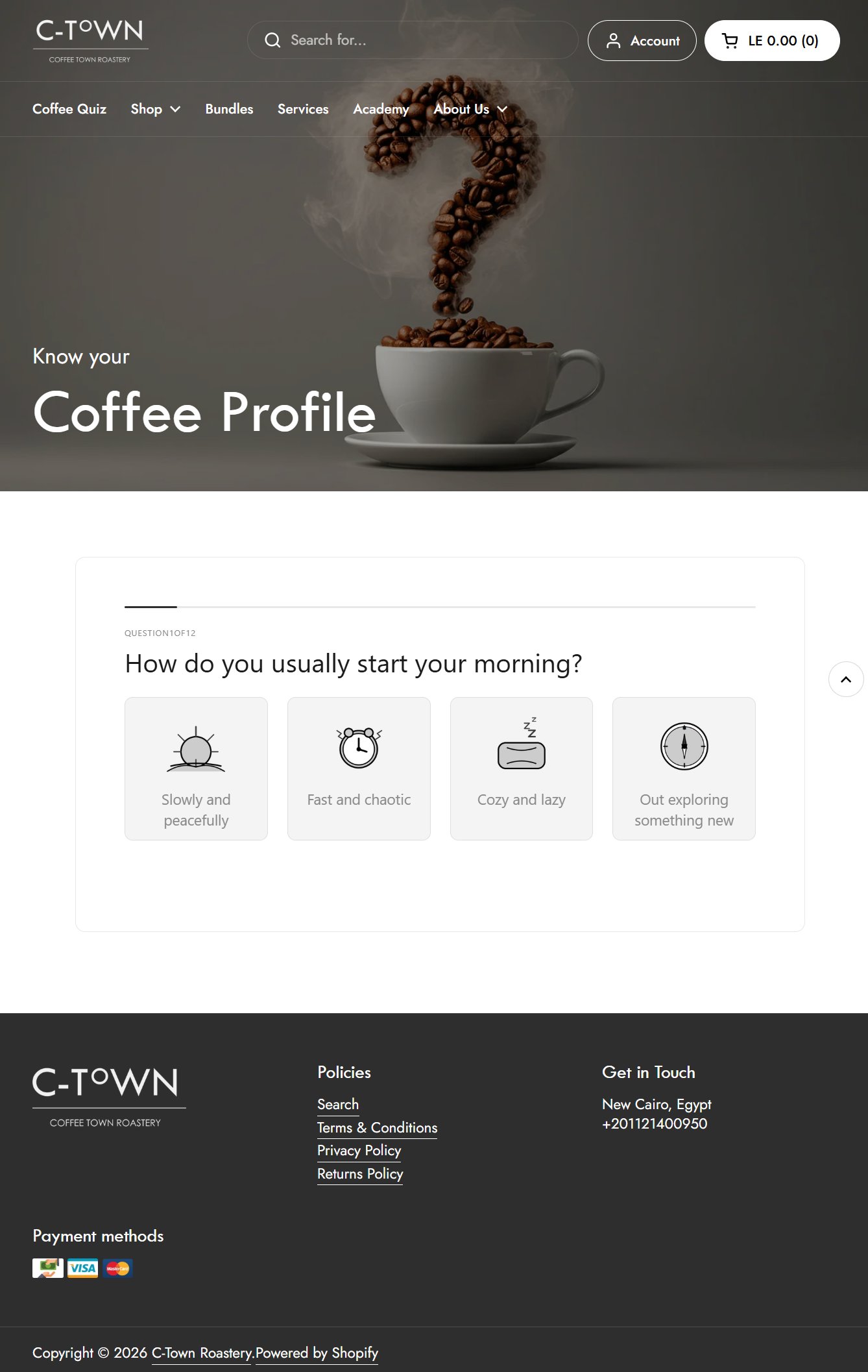 C-Town Coffee Profile quiz page with question 1 of 12 and four answer cards
