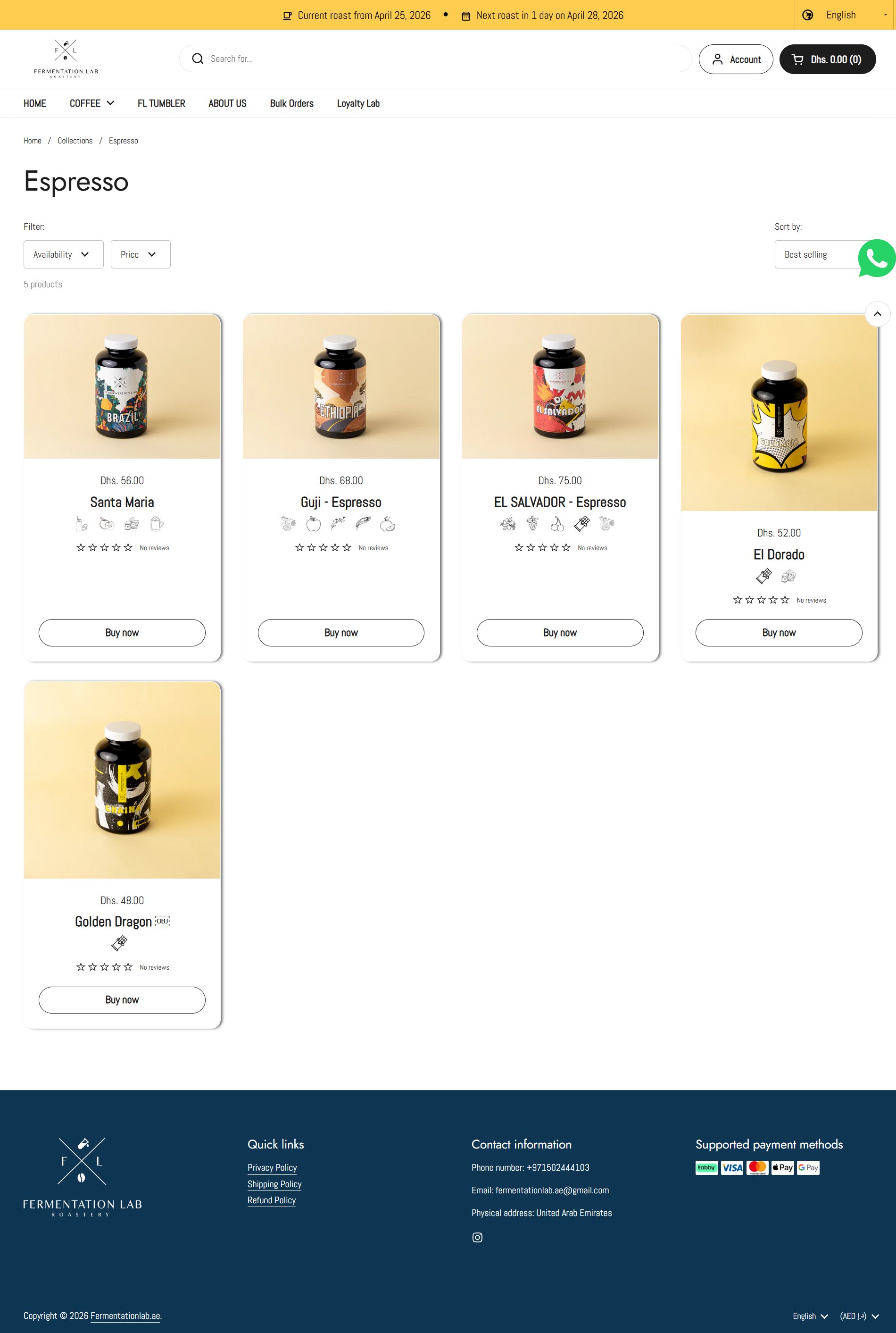 Fermentation Lab Espresso collection page with five products including Santa Maria, Guji, El Salvador, El Dorado and Golden Dragon