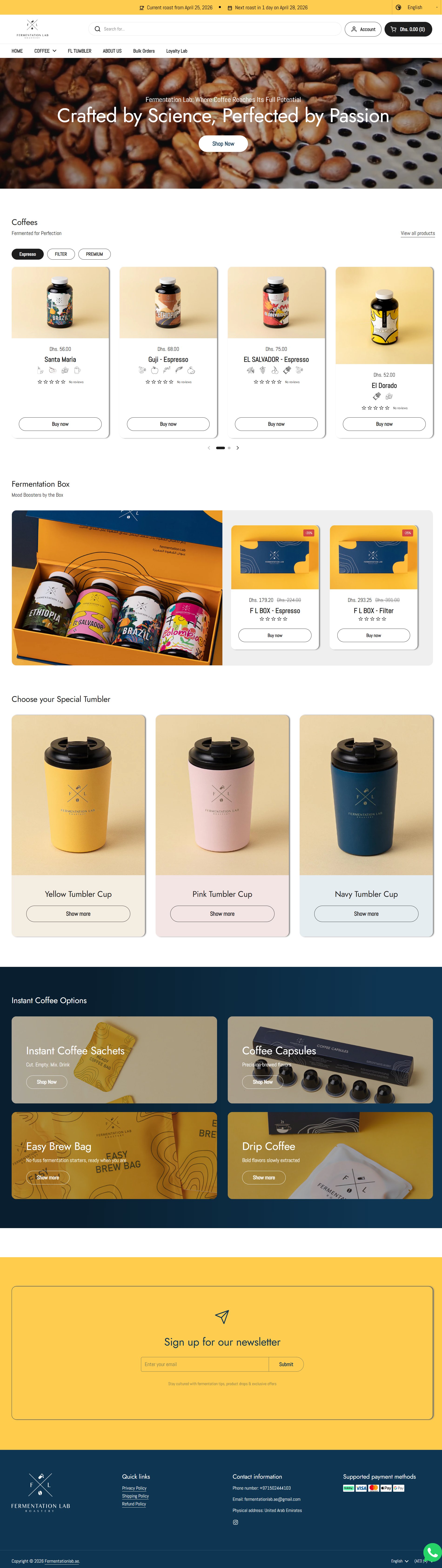 Fermentation Lab homepage with roast schedule banner, coffee selector, fermentation box, tumblers, and instant coffee options