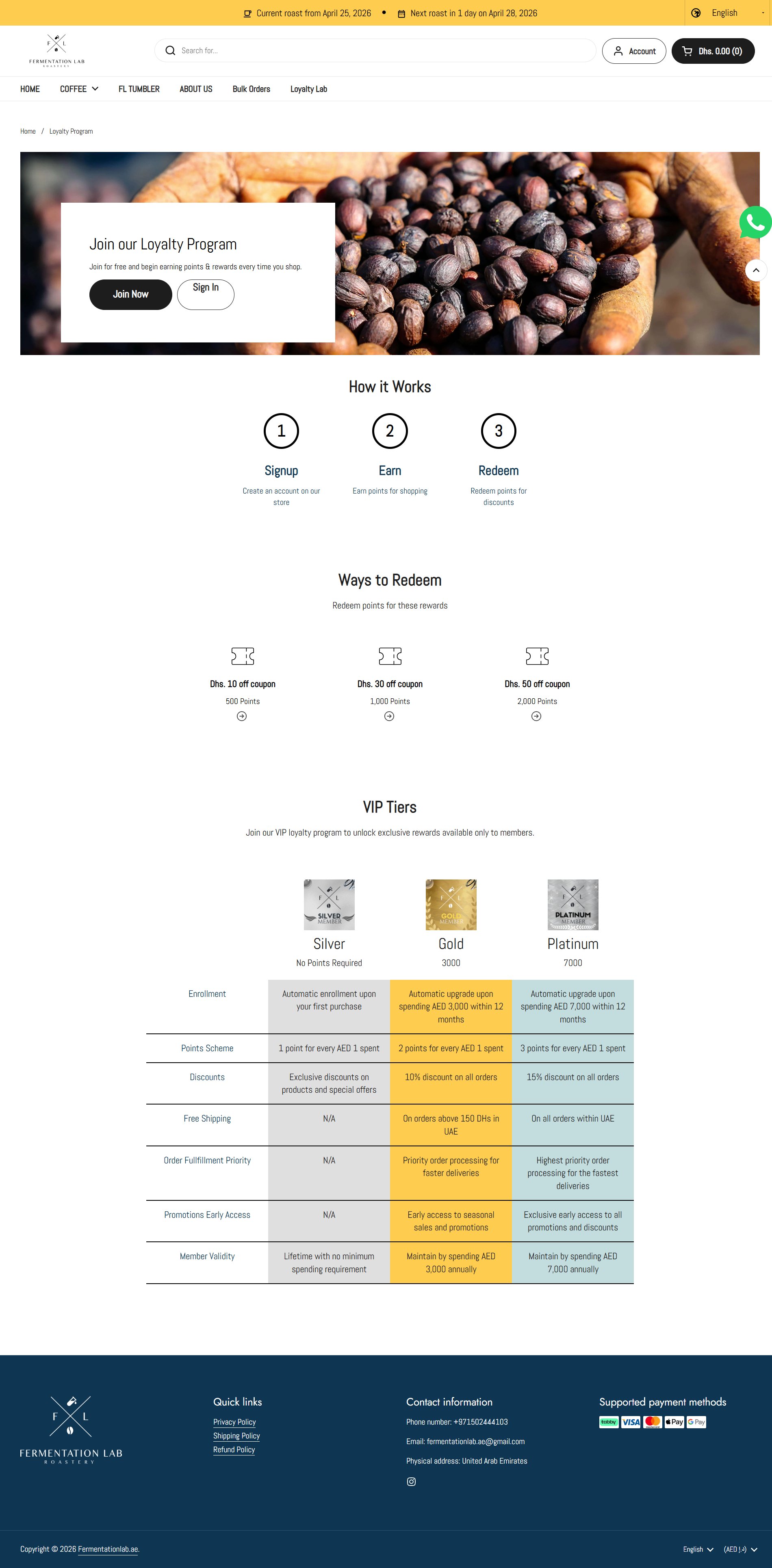 Fermentation Lab loyalty program page with how-it-works, redemption rewards, and Silver Gold Platinum tier comparison table