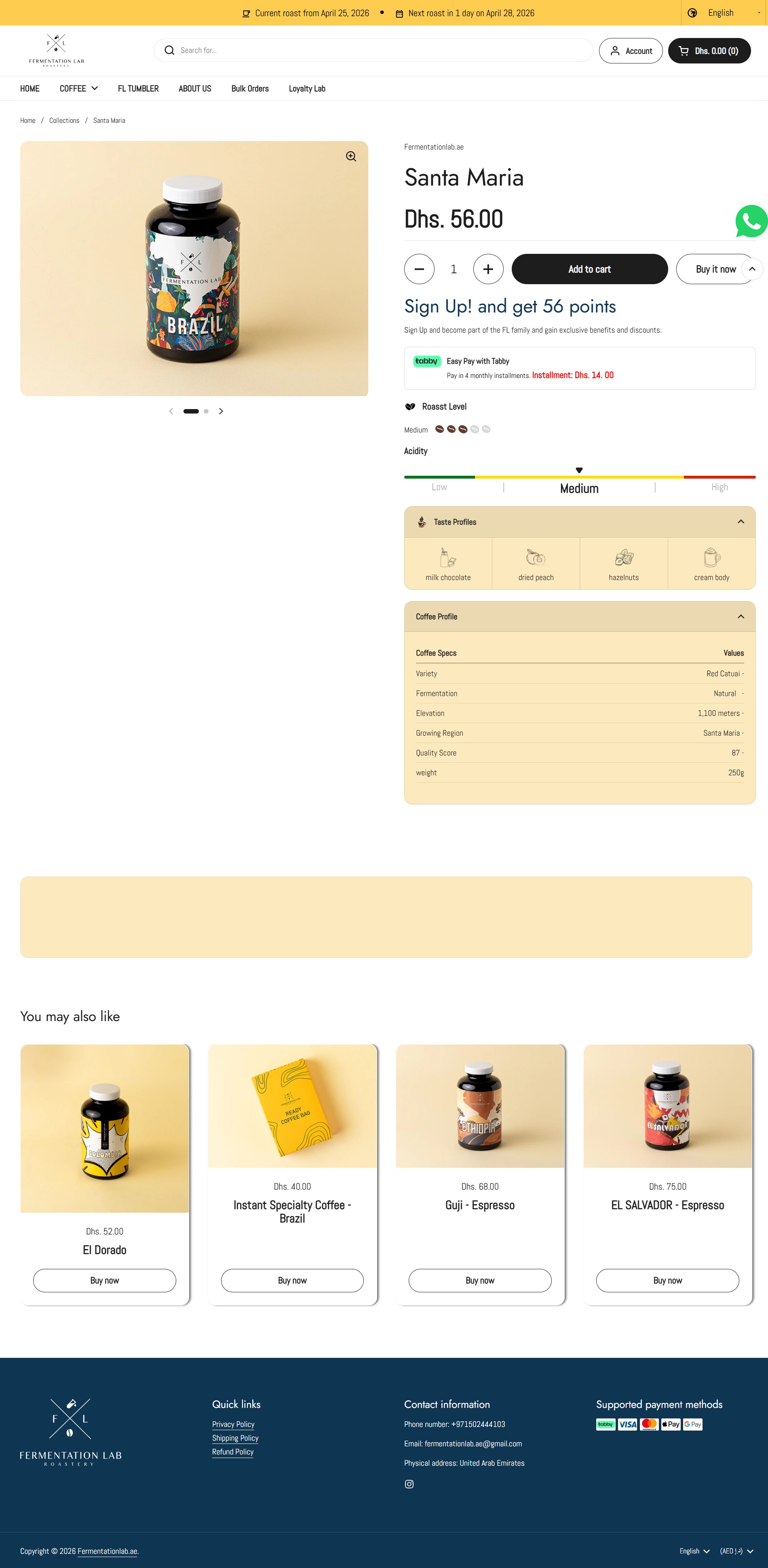 Fermentation Lab Santa Maria product page with Tabby installments, taste profiles, acidity ribbon, coffee specs