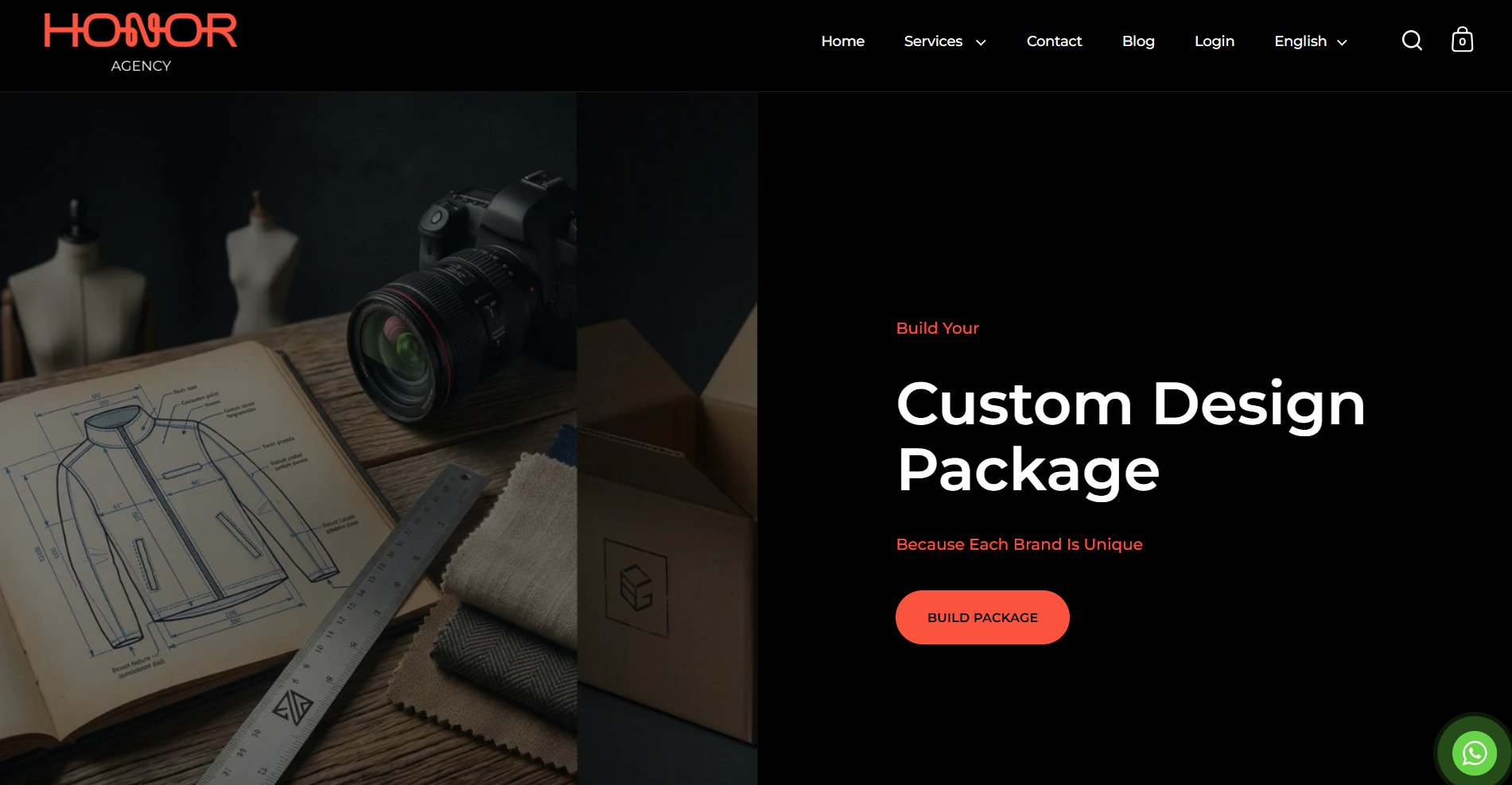 Honor Agency homepage with Build Your Custom Design Package hero and call to action