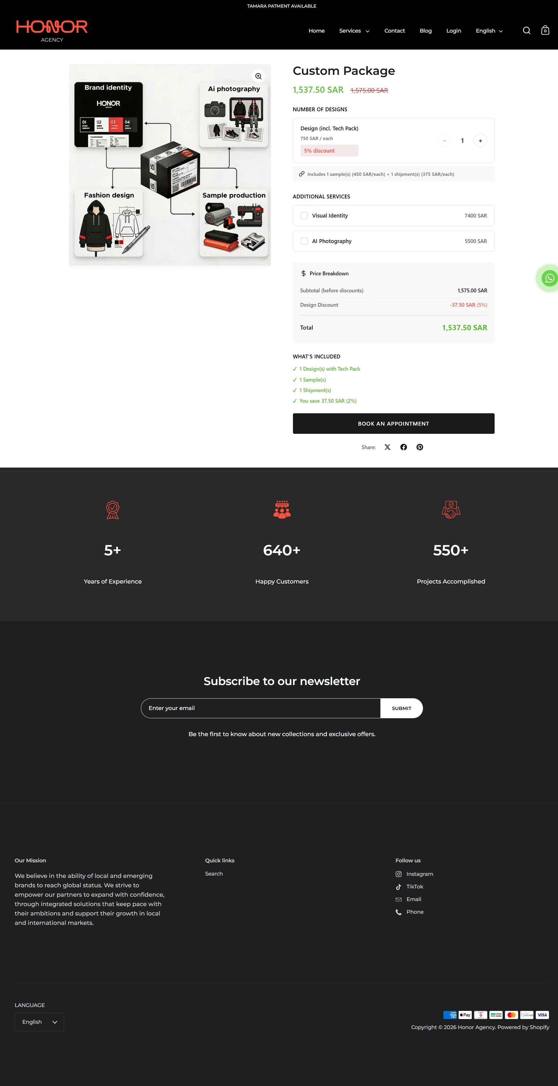Honor Agency Custom Package configurator showing number of designs, additional services for visual identity and AI photography, price breakdown with design discount, and book an appointment CTA