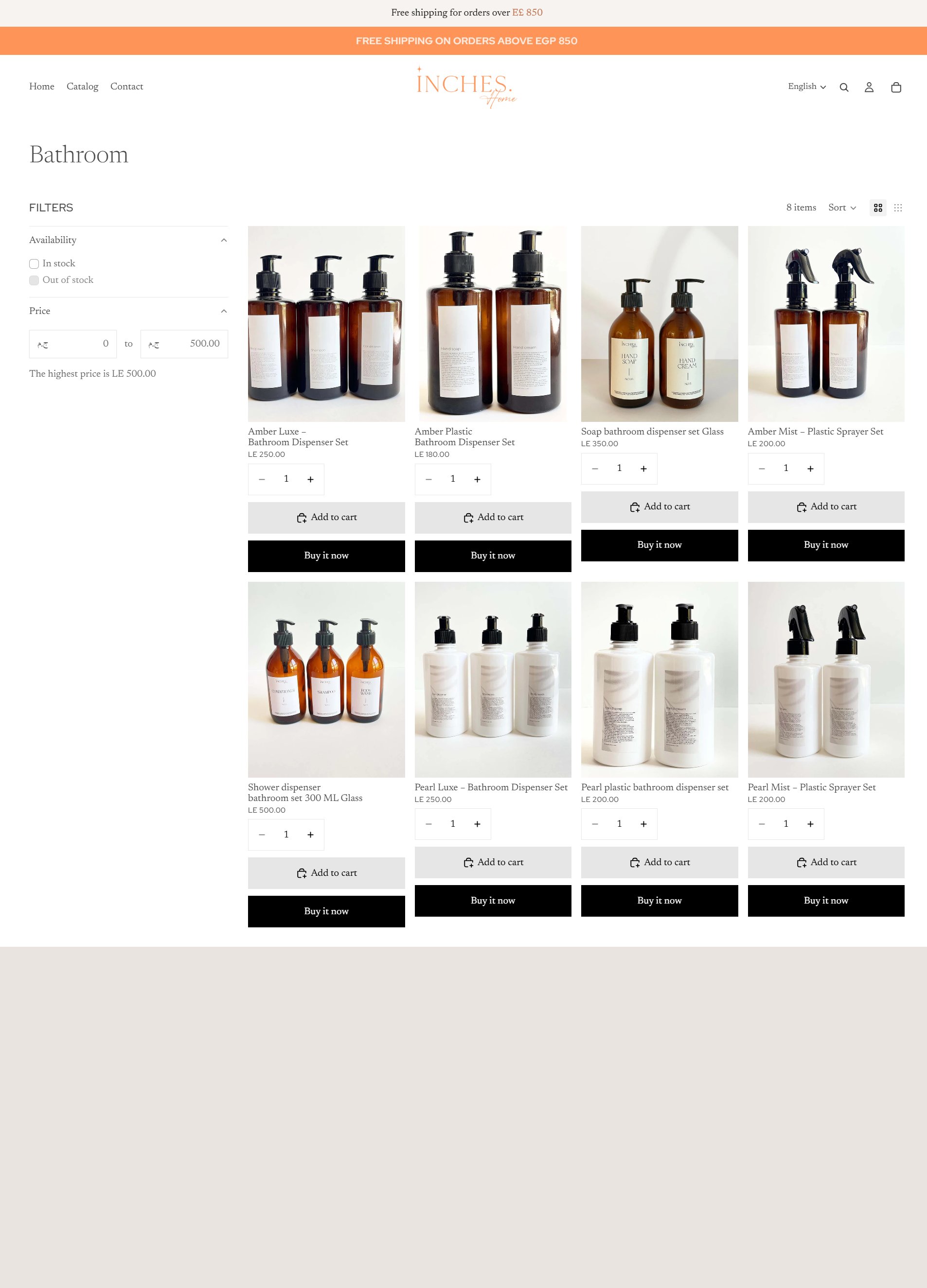 Inches Home Bathroom collection page with filters and 8-item grid