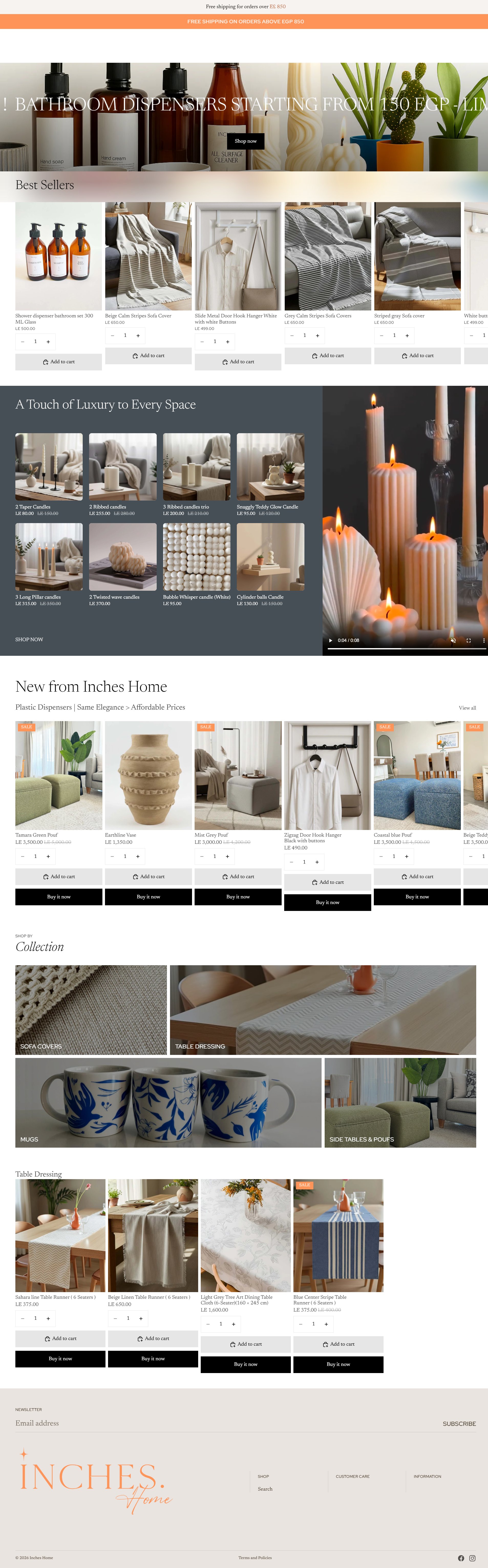 Inches Home homepage with bathroom dispensers promo, candle showcase, and new-from-Inches-Home grid