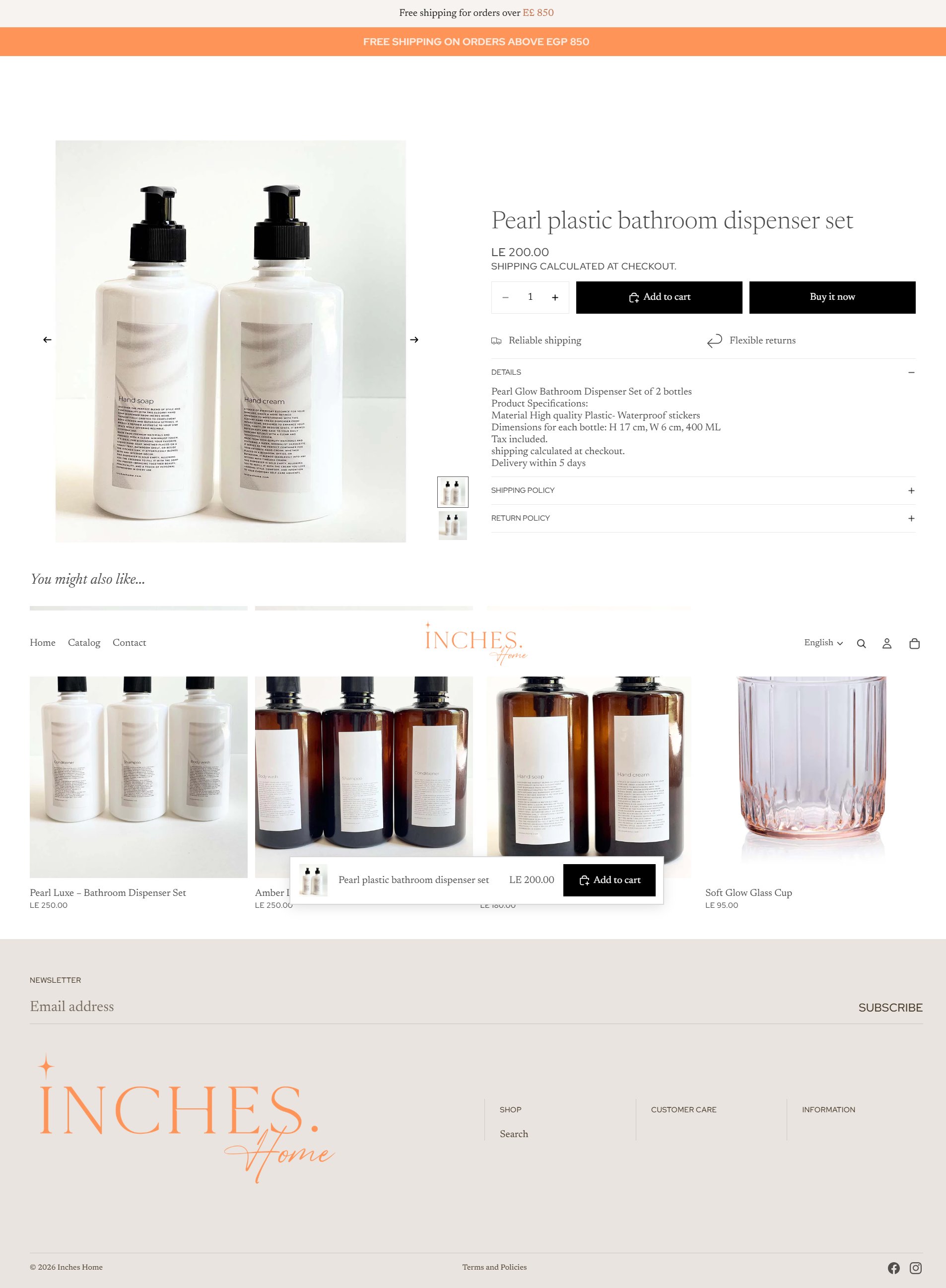 Inches Home Pearl plastic bathroom dispenser product page with details accordion and you-might-also-like grid